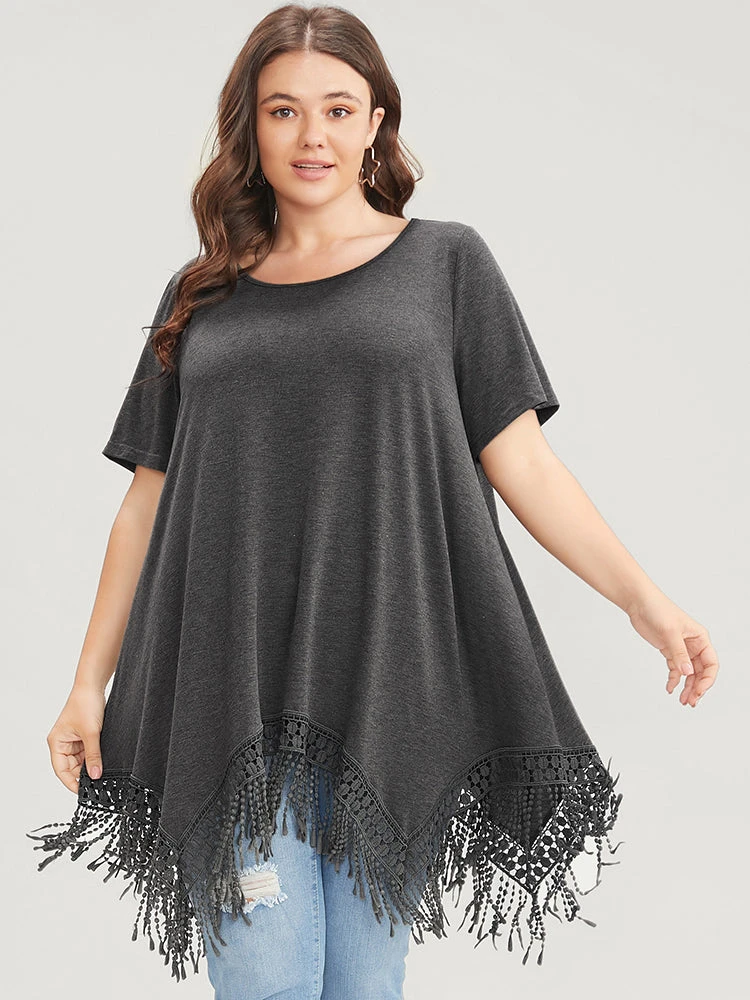 Solid Round Neck Lace Fringe Hem T-shirt 5 Solid Round Neck Lace Fringe Hem T-shirt - Image 3