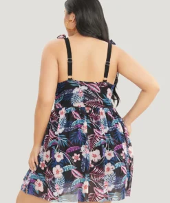 Tropical Print Bow Sculpt Waist Split Swim Dress -Clothing Shop 941019786 sn