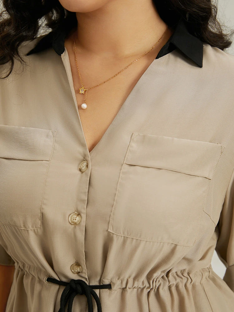 Contrast Drawstring Roll Tab Sleeve Patched Pocket Blouse 12 Contrast Drawstring Roll Tab Sleeve Patched Pocket Blouse - Image 10