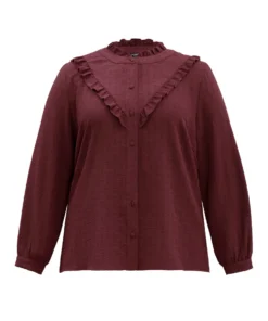 Stand Collar Solid Gathered Frill Trim Blouse -Clothing Shop 941800871 pz