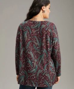 Paisley Print Round Neck Slightly Stretchy T-shirt -Clothing Shop 941918066 gw