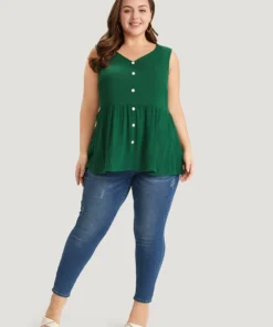 Plain Flutter Hem Button Detail Tank Top -Clothing Shop 942437822 uf