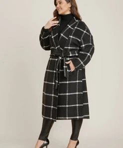 Plaid Lapel Collar Pocket Belted Open Front Coat -Clothing Shop 943288014 yi