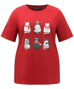 Christmas Cat Print Round Neck T-shirt -Clothing Shop 943425290 nj