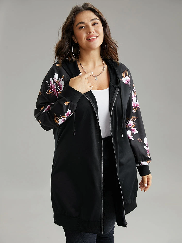 Floral Zipper Hooded Patchwork Raglan Sleeve Sweatshirt 5 Floral Zipper Hooded Patchwork Raglan Sleeve Sweatshirt - Image 3