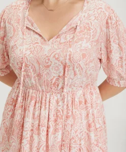 Floral Puff Sleeve Pocket Flutter Keyhole Knot Neck Dress -Clothing Shop 944593883 gu