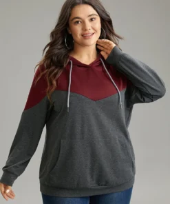 Contrast Patchwork Hooded Pocket Drawstring Sweatshirt -Clothing Shop 945207162 hz