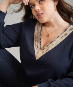 Patchwork Lace Panel V Neck Waffle Knit Sweatshirt -Clothing Shop 945559862 dy