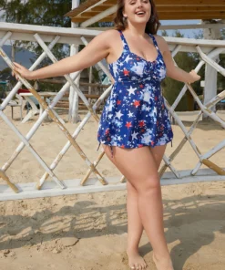 Star Print Drawstring Cut Out Knotted Back Tankini Top -Clothing Shop 946129260 wl