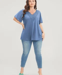 Solid Ruffle Sleeve Lace V Neck T-shirt -Clothing Shop 946144882 kq abec34e2 2bd4 4989 a772 4bfef6ff28b9
