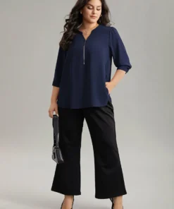 Anti-Wrinkle Plain Half Zip Gathered Blouse -Clothing Shop 946189038 cx