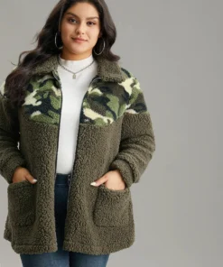 Camo Patchwork Zipper Pocket Teddy Jacket -Clothing Shop 946526620 sc