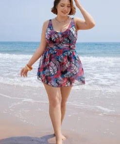 Plant Print Contrast Ruffle Hem A Line Ruched Swim Dress -Clothing Shop 946729771 kp