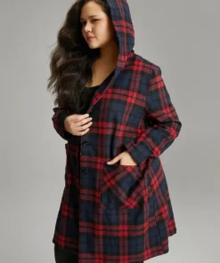Plaid Button Through Pocket Hooded Coat -Clothing Shop 946948194 pm
