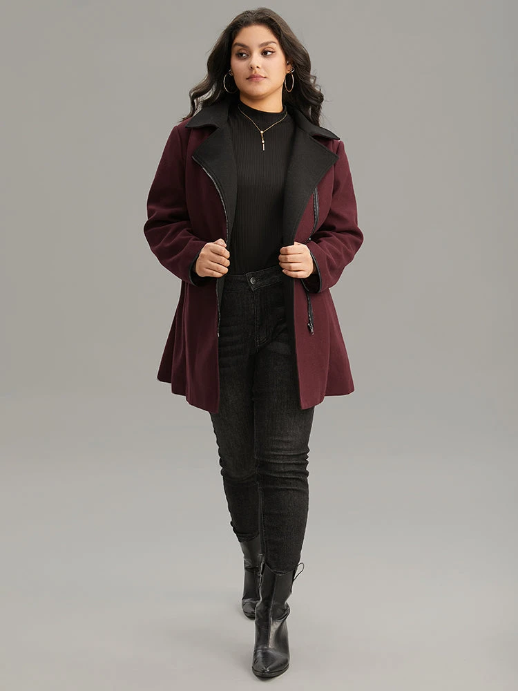 Lapel Collar Contrast Patchwork Zipper Belted Coat 5 Lapel Collar Contrast Patchwork Zipper Belted Coat - Image 3