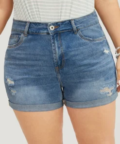 Skinny Very Stretchy Light Wash Roll Hem Distressed Denim Shorts -Clothing Shop 947320422 hs
