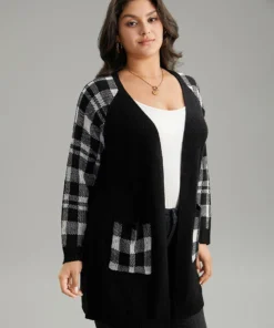 Plaid Patchwork Patched Pocket Raglan Sleeve Cardigan -Clothing Shop 947362867 mt