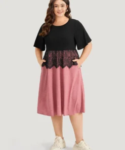 Supersoft Essentials Colorblock Contrast Guipure Lace Flutter Sleeve Dress