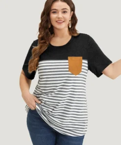Striped Patchwork Round Neck Patched Pocket T-shirt 34 Striped Patchwork Round Neck Patched Pocket T-shirt -Clothing Shop 94873690 in 27bbb7ef 1676 4e64 931a fb0ab2f4203f