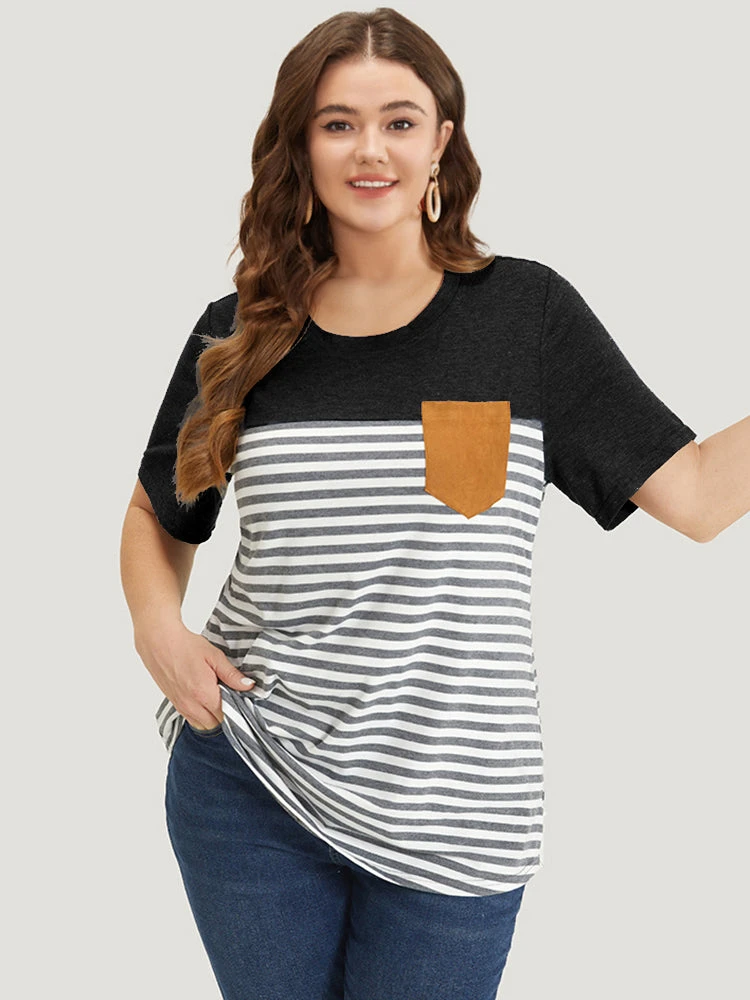 Striped Patchwork Round Neck Patched Pocket T-shirt 15 Striped Patchwork Round Neck Patched Pocket T-shirt - Image 13