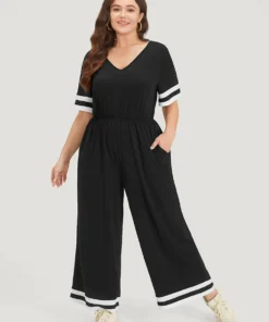 Striped Contrast V Neck Pocket Elastic Waist Jumpsuit 13 Striped Contrast V Neck Pocket Elastic Waist Jumpsuit -Clothing Shop 948958687 zb