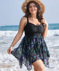 Tropical Ruched Ties Hanky Hem Crisscross Swim Dress