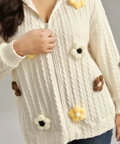 Contrast Floral Detail Textured Zipper Fly Sweatshirt -Clothing Shop 949938813 rq