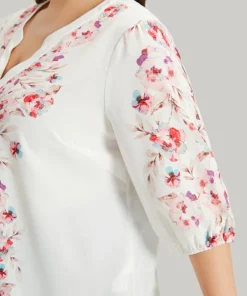 Floral Print Button Detail Notched Lantern Sleeve Blouse -Clothing Shop 950382237 kf