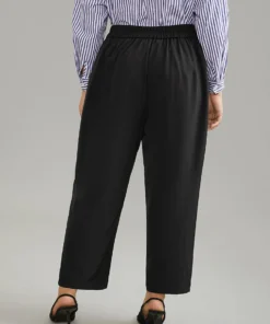 Plain Elastic Waist Pleated Button Detail Pants -Clothing Shop 950403435 wd