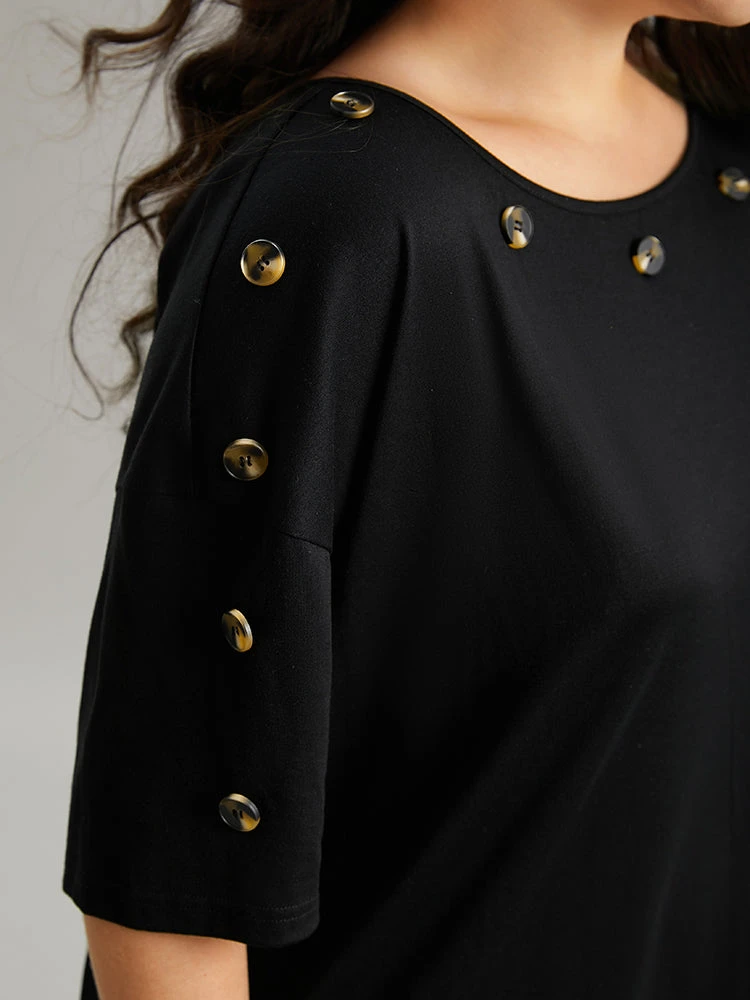 Plain Button Detail Drop Shoulder T-shirt 7 Plain Button Detail Drop Shoulder T-shirt - Image 5