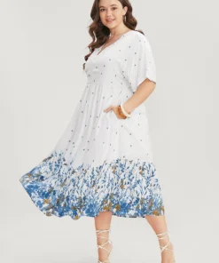 Floral Print Dolman Sleeve V Neck Pocket Ruffle Hem Dress -Clothing Shop 950709659 sm