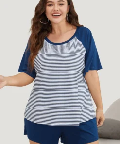 Striped Patchwork Raglan Sleeve Sleep Top