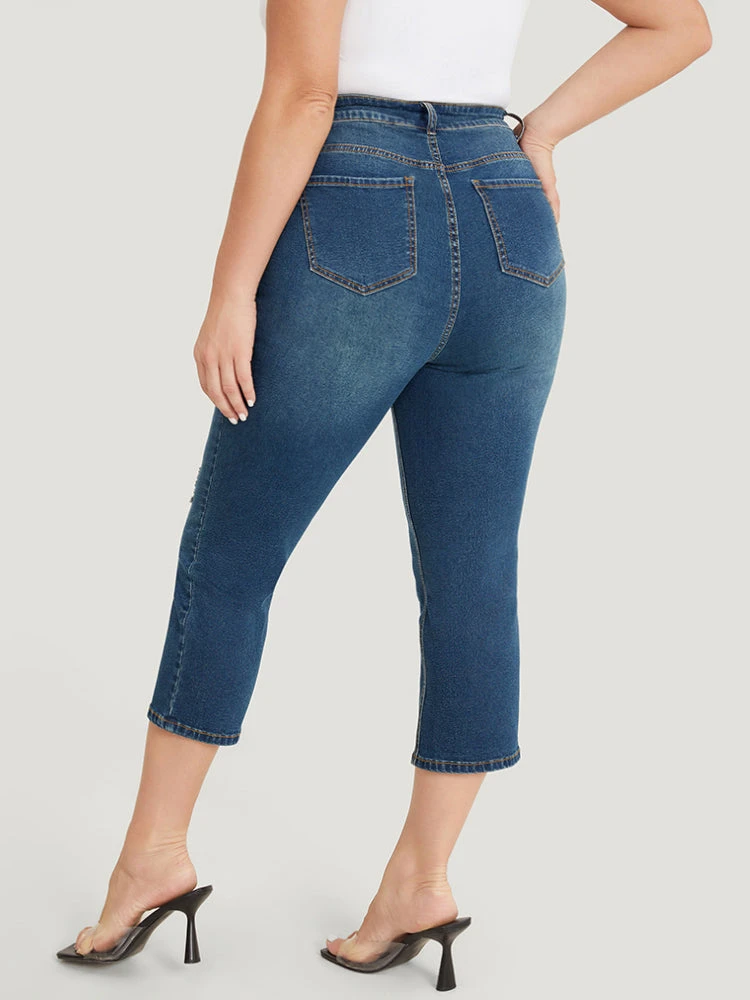 Very Stretchy High Rise Medium Wash Ripped Detail Cropped Jeans 9 Very Stretchy High Rise Medium Wash Ripped Detail Cropped Jeans - Image 7