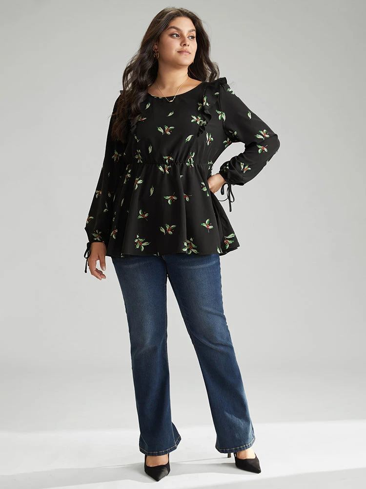 Christmas Ruffles Elastic Waist Ties Lantern Sleeve Blouse 6 Christmas Ruffles Elastic Waist Ties Lantern Sleeve Blouse - Image 4