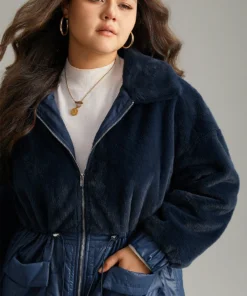 Fuzzy Patchwork Zipper Drawstring Coat -Clothing Shop 955027124 hl