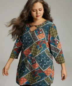 Paisley Colorblock Contrast Keyhole T-shirt -Clothing Shop 955288294 aq