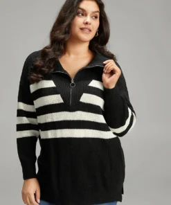 Striped Zipper Lapel Collar Drop Shoulder Pullover -Clothing Shop 955322317 jd