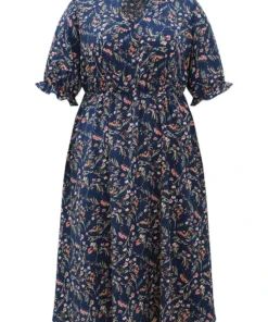 Ditsy Floral Notched Flutter Trim Elastic Waist Dress -Clothing Shop 957403856 yc