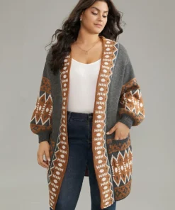 Contrast Geometric Pocket Open Front Cardigan -Clothing Shop 957690482 vg