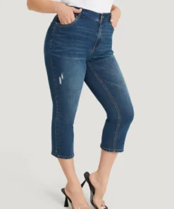 Very Stretchy High Rise Medium Wash Ripped Detail Cropped Jeans 13 Very Stretchy High Rise Medium Wash Ripped Detail Cropped Jeans -Clothing Shop 957852422 zm