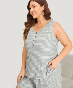 Striped Button Detail Sleep Tank Top -Clothing Shop 95788398 ka