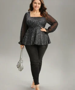 Plain Textured Glitter Patchwork Square Neck Blouse -Clothing Shop 958269458 im