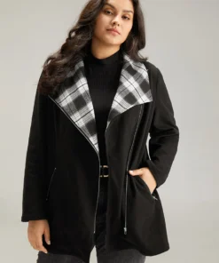 Plaid Patchwork Lapel Collar Zipper Coat -Clothing Shop 9584362 qp