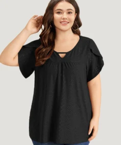 Plain Geometric Eyelet Keyhole Petal Sleeve T-shirt -Clothing Shop 959031461 my 0e425764 7fa8 47a1 886b a587da224244