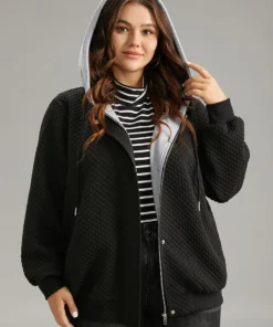 Contrast Hooded Drawstring Pocket Zipper Fly Coat -Clothing Shop 95968948 aj