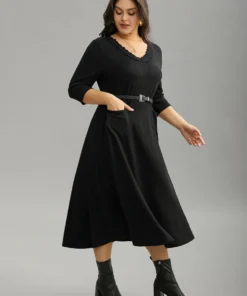 Guipure Lace Buckle Detail Belted Pocket Dress -Clothing Shop 959761085 ud