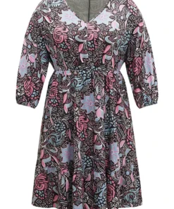 Floral Print Lantern Sleeve Elastic Waist Dress 23 Floral Print Lantern Sleeve Elastic Waist Dress -Clothing Shop 96071842 kf