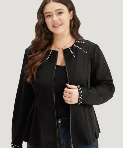 Pearl Beaded Zipper Plicated Detail Coat -Clothing Shop 960745 sc