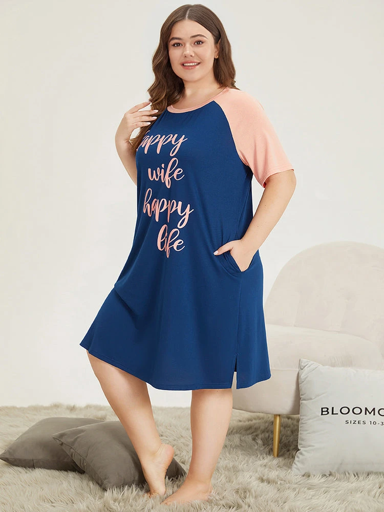 Letter Print Contrast Raglan Sleeve Patchwork Night Dress 4 Letter Print Contrast Raglan Sleeve Patchwork Night Dress - Image 2