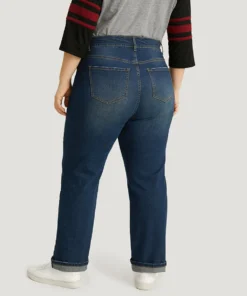 Plain Roll Hem Medium Wash Full Length Jeans -Clothing Shop 960886265 ii